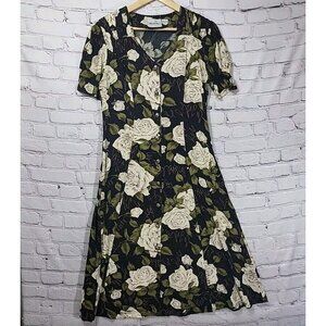 Vtg 90's Caroline Wells Women's Midi Floral Dress Sz 10 100% Rayon Button Front